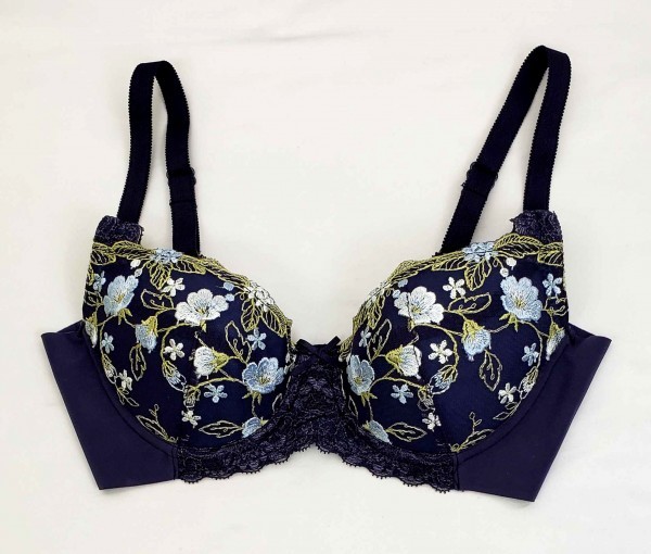 in0236 △ 新品 ★ ディノス セシール ブラジャー A70 ネイビー 紺 ブルー リボン 刺繍 花柄 レース ワイヤー フルカップ フェミニン 拍卖