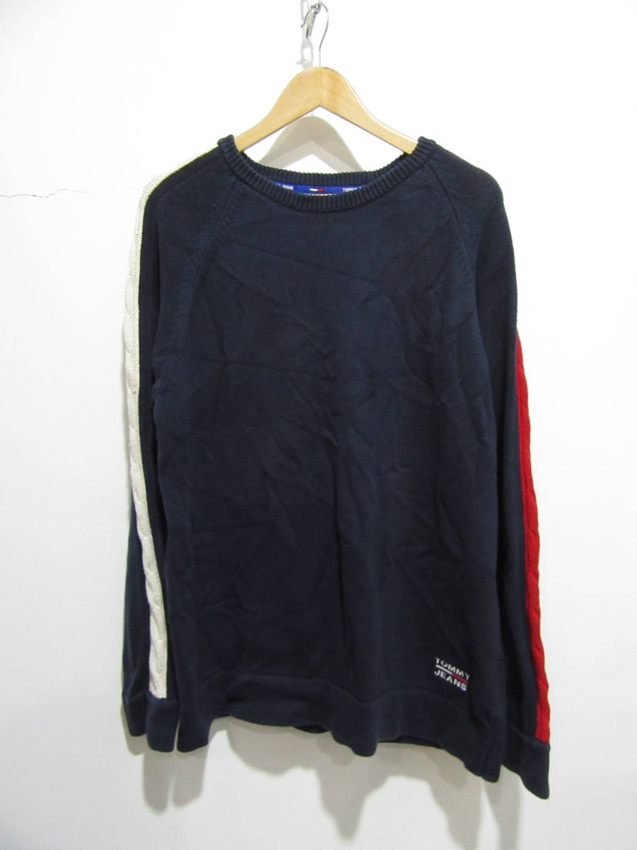 ☆送料無料☆90s☆TOMMY JEANS☆袖ケーブル編みコットンニット☆フラッグデザイン☆トミージーンズ☆拍卖