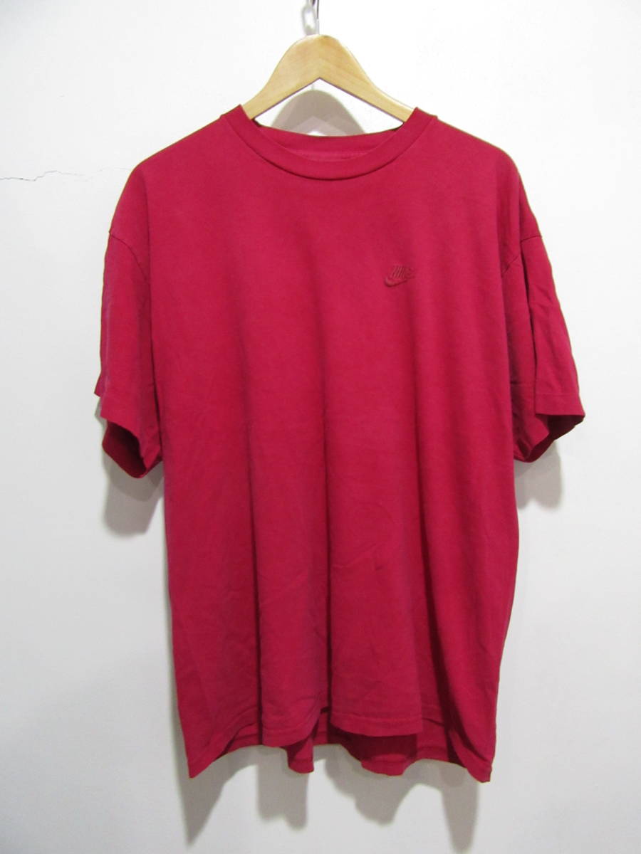 ☆送料無料☆☆90s☆NIKE☆ワンポイントロゴTシャツ☆刺繍☆L/XL☆ワインレッド☆拍卖