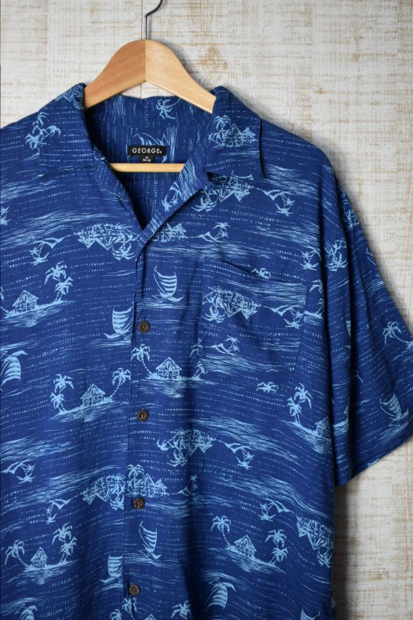 ☆US古着 GEORGE アロハシャツ イラストプリント 柄シャツ 総柄 青ブルー【M38-40】レーヨン ◆2498◆拍卖