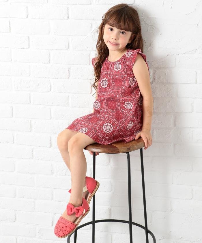 99 新品 組曲 anyFAM 140cm ペイズリー フレンチスリーブ 袖なし コットン 爽やか ワンピース 子供用 女の子 レッド 赤 エニィファム 夏拍卖