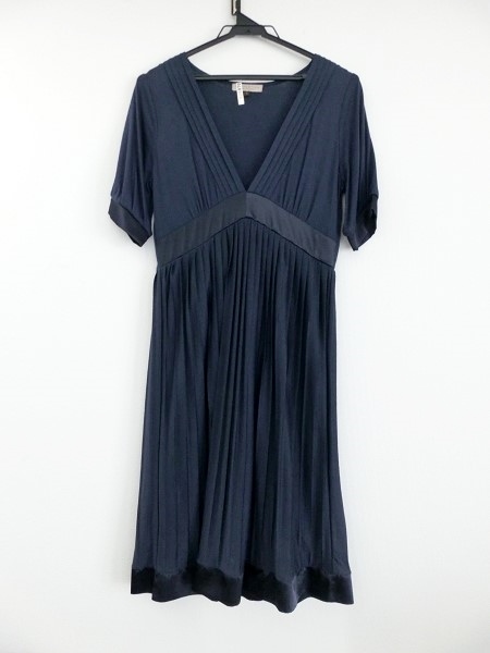 プロポーション ボディドレッシング PROPORTION BODY DRESSING ワンピース ひざ丈 半袖 プリーツ Vネック 胸開き ネイビー 紺 サイズ3拍卖