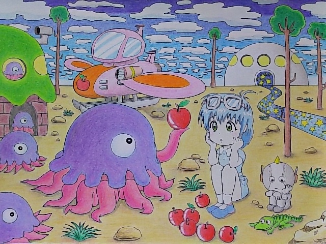 オリジナル手描きイラスト「りんご好きモンスター」ファンタジー アナログイラスト拍卖