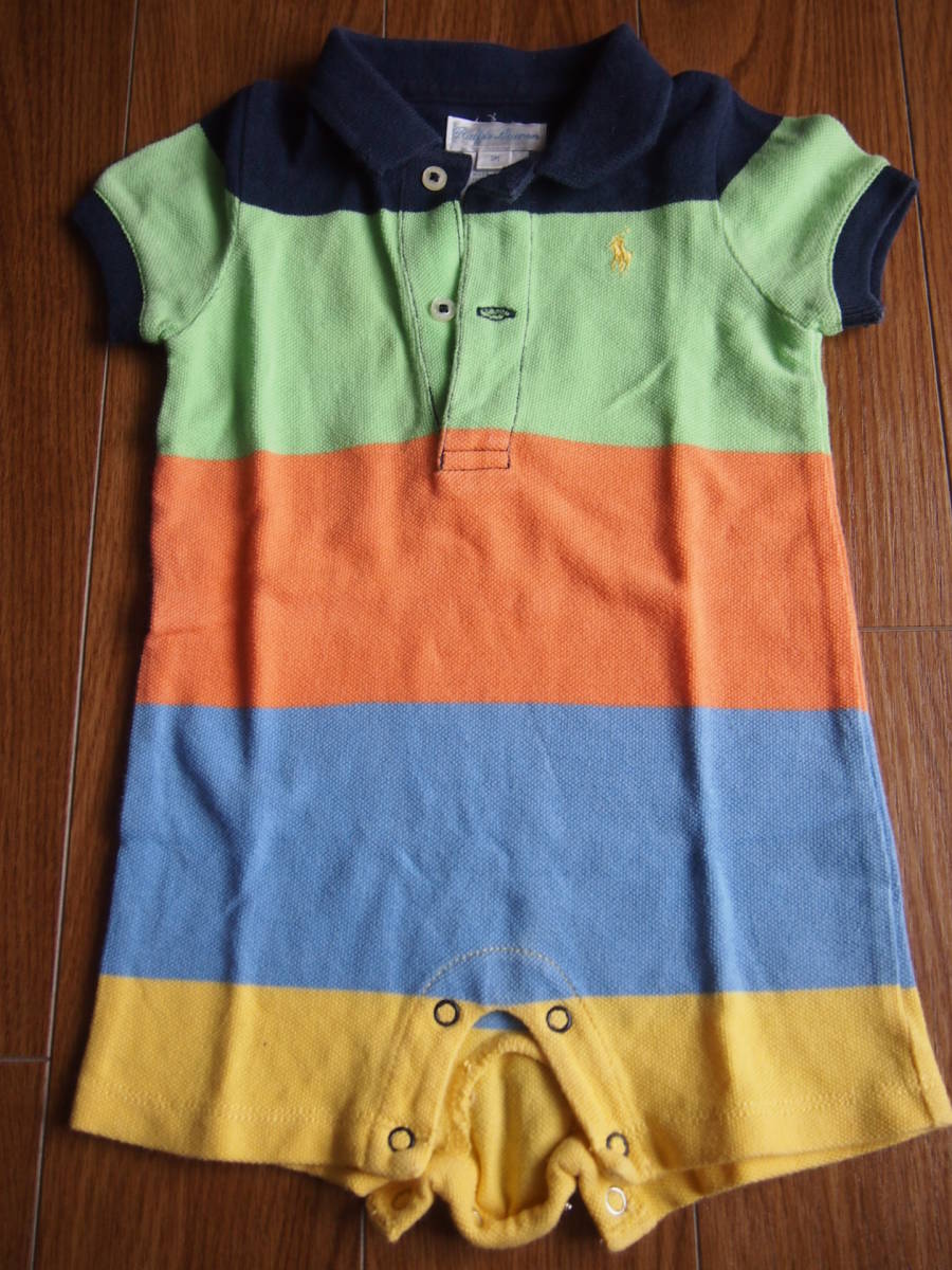 閉店セール i151③3M 60 RALPH LAUREN ラルフローレン ベビー服 ロンパース カラフル ボーダー ポロシャツ 生地 つなぎ イエロー 黄緑 黄色拍卖