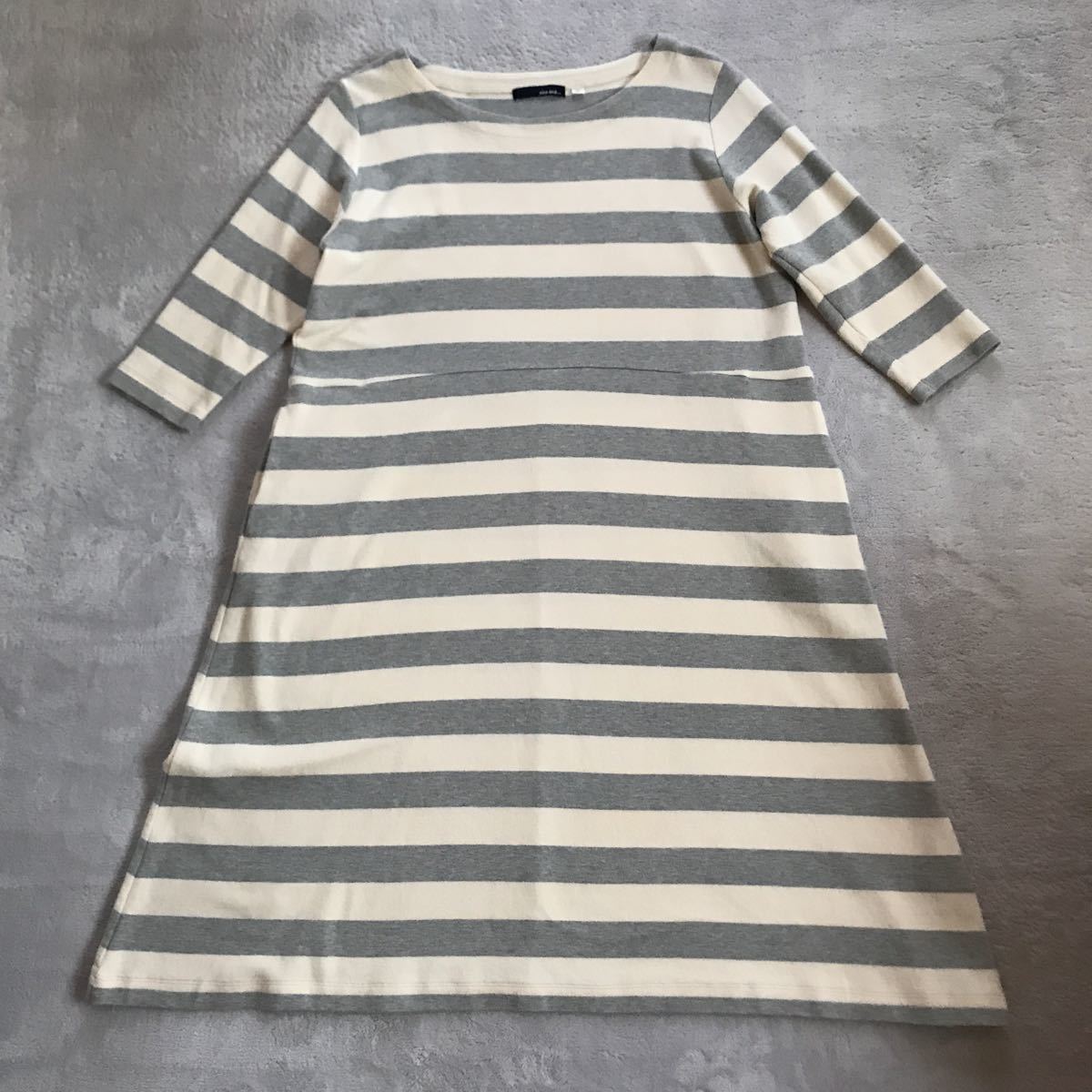 ★niko and(ニコアンド)★カットソー地ワンピース ボダー柄(白×ライトグレー) 3サイズ拍卖