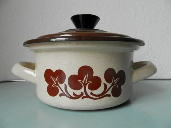 ホーロー 両手鍋 レトロ ドイツ 茶色 クリーム色拍卖