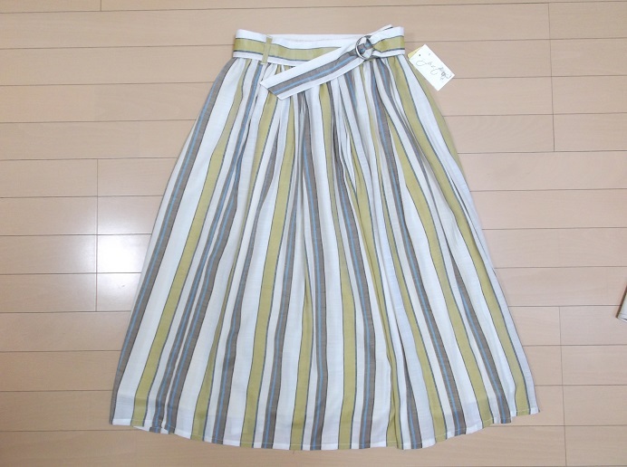 Bleu Bleuet/ブルーエブルーエ☆オシャレ 素敵! リネン ストライプ ベルト付 ロング スカート M 即決 白 ホワイト 黄 ブラウン 水色 ブルー拍卖