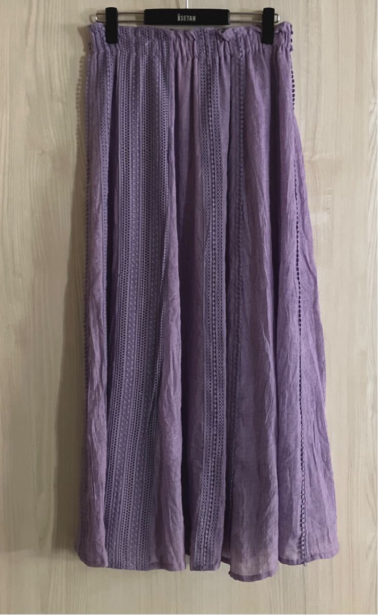 美品 BAYFLOW 夏 おしゃれ ロング スカート ウエストゴム フリーサイズ ベイフロー ラベンダー レース 裏地 パープル 紫 ロングスカート 拍卖