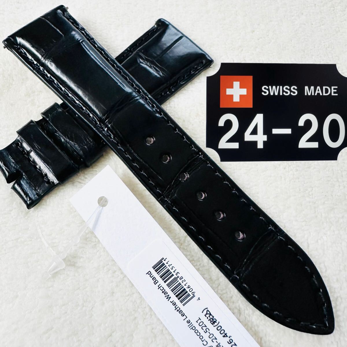5201#24mm-20mmブラック★本物クロコダイルベルト★スイス製拍卖