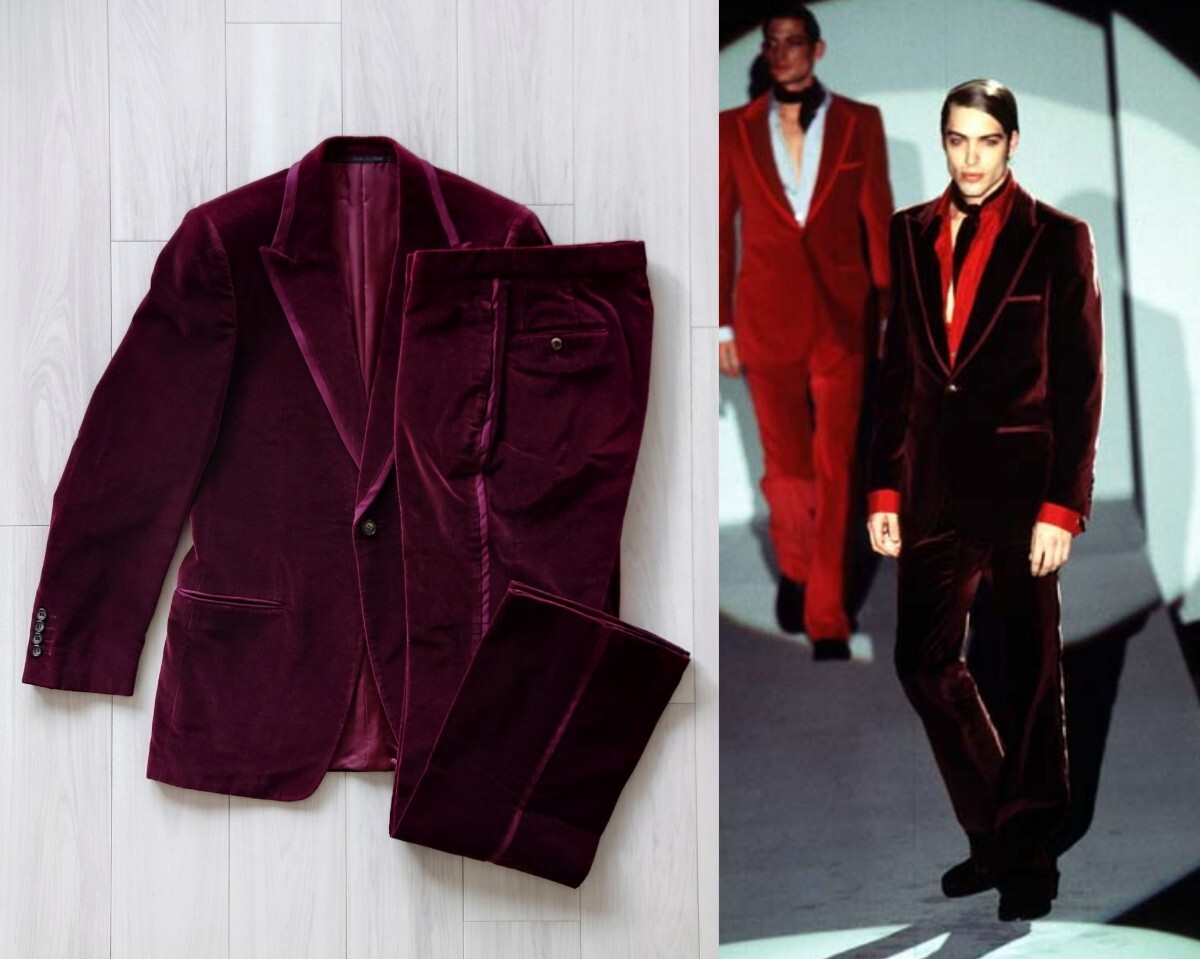 GUCCI グッチ トムフォード期 1996 秋冬 ランウェイ バーガンディ ベルベット タキシード スーツ 46拍卖