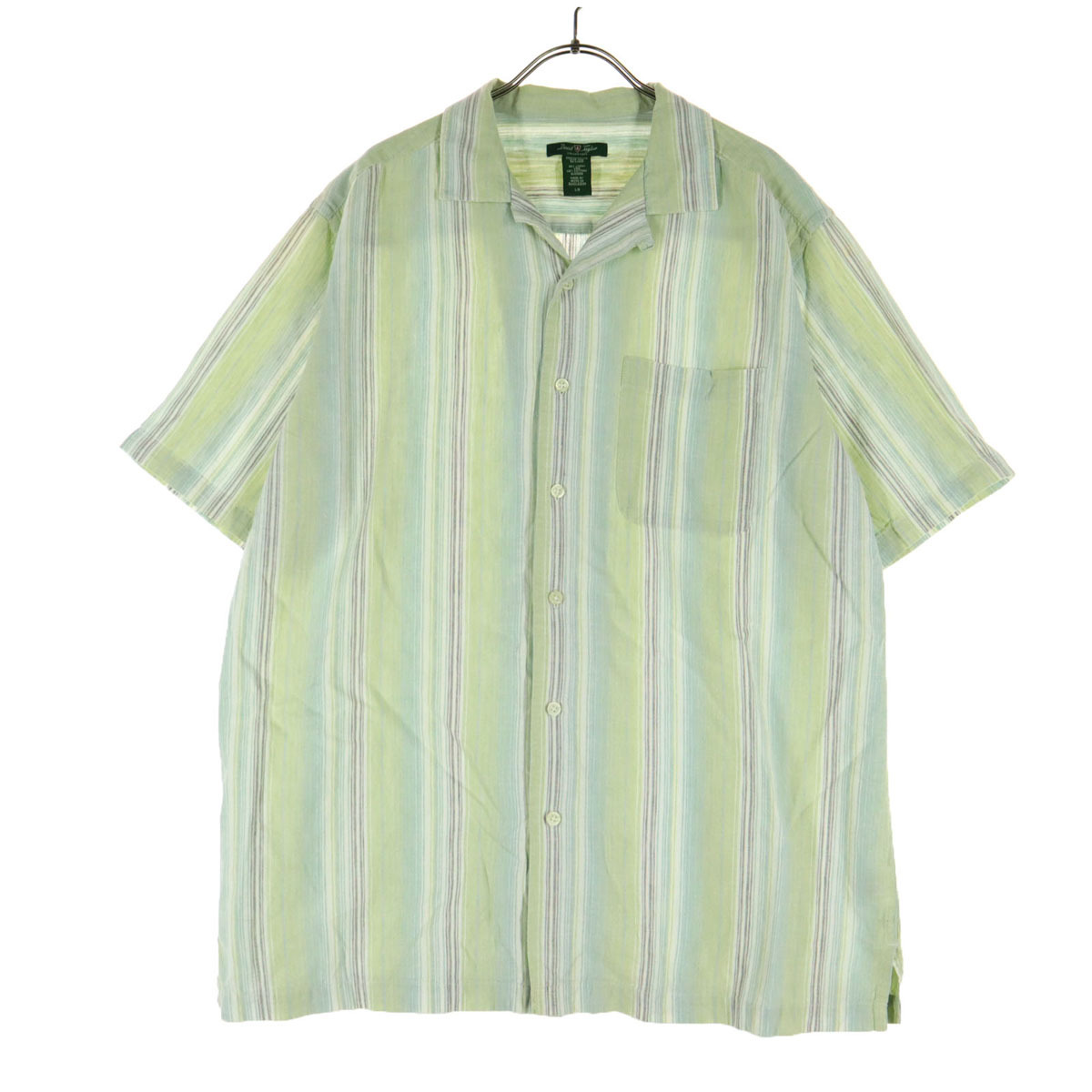DAVID TAYLOR デヴィッド・テイラー ストライプ 長袖 オープンカラー リネンシャツ L ライトグリーン メンズ拍卖