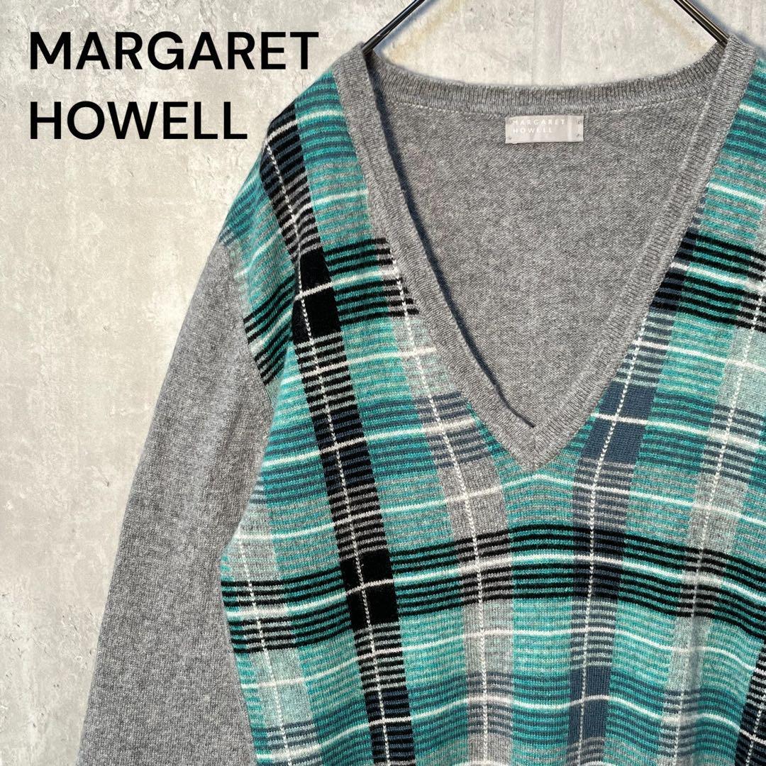 スコットランド製☆ MARGARET HOWELL マーガレットハウエル カシミヤ100% 好配色チェック柄 ニット セーター拍卖