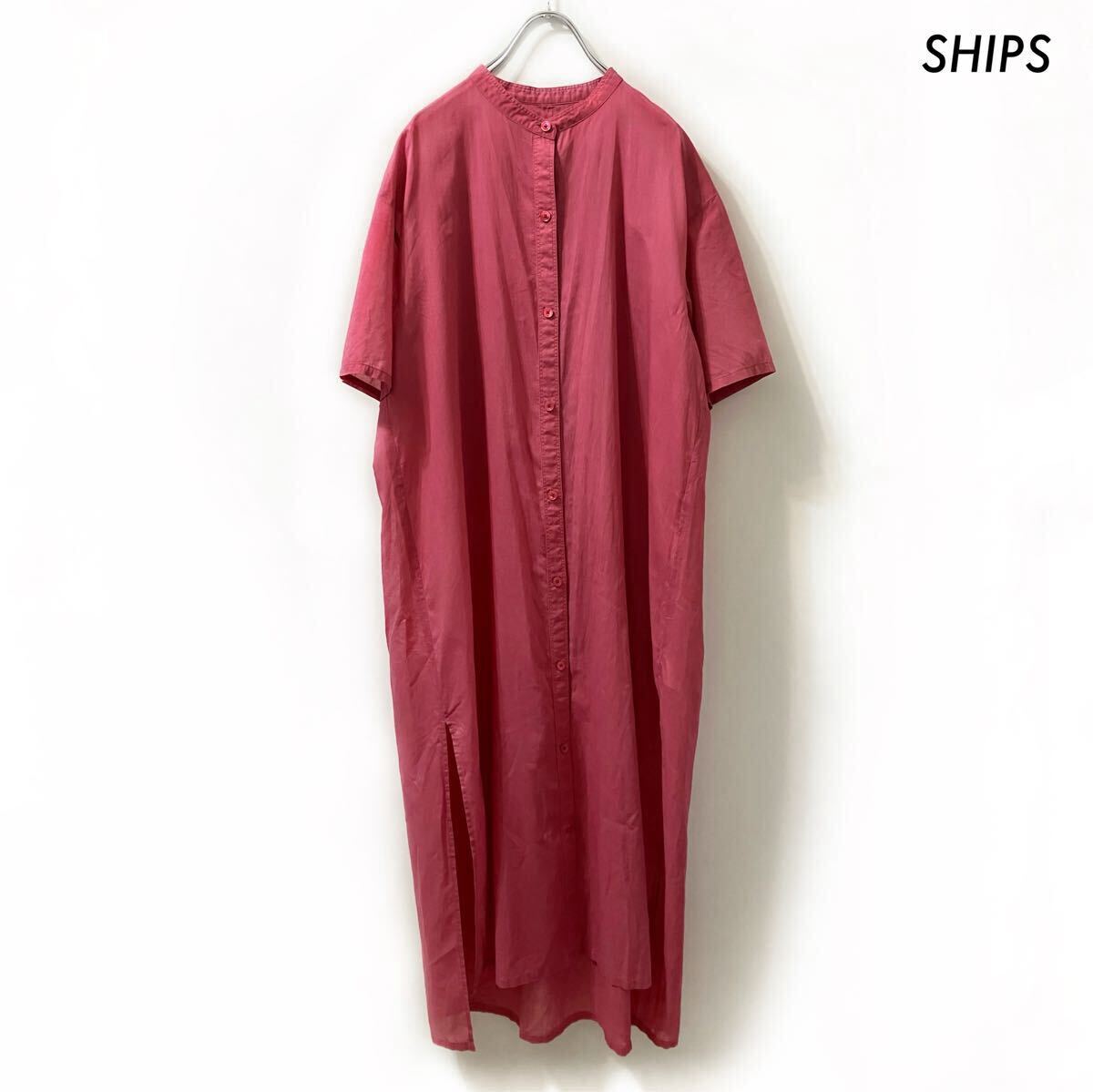 【送料無料】SHIPS シップス★半袖シャツワンピース バンドカラー ピンク拍卖