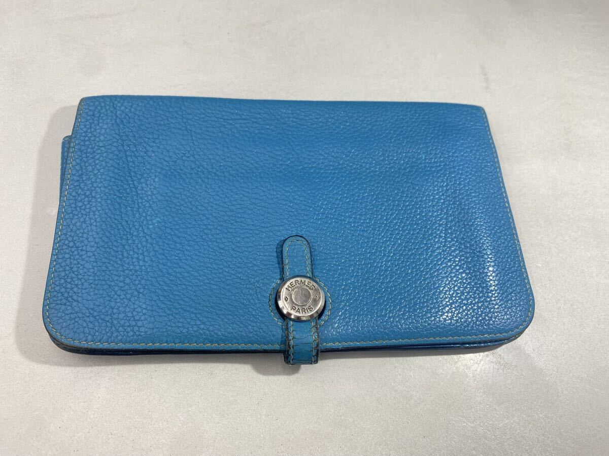正規 HERMES エルメス ドゴンGM レザー ウォレット 二つ折り 長財布 クラッチ バッグ サイフ トゴ ブルージーン □G マルジェラ期 826P▲拍卖