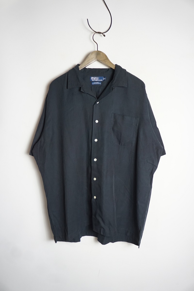 正規 希少 90S 00S POLO BY RALPH LAUREN ポロ バイ ラルフローレン 半袖 開襟 シャツ シルク混 ビンテージ サイズXL 紺 1001O▲拍卖
