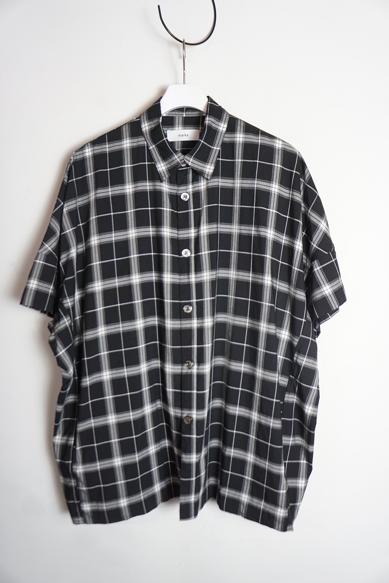 美品 19SS marka マーカ WIDE SHIRTS ワイド シャツ チェック 半袖 オーバーサイズ ビッグ レーヨン M19A-09SH01B サイズ1 黒 815P▲拍卖