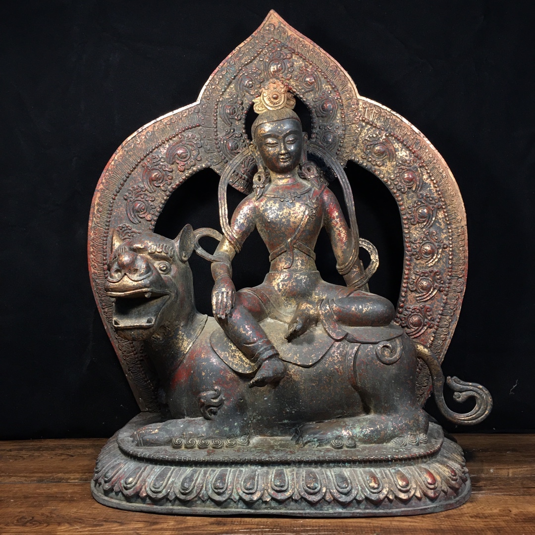 旧蔵 清 純銅 文殊菩薩 仏像 奉納されていた 供養品 銅製品 銅器 極細工 中国古玩 骨董品 古美味 208拍卖