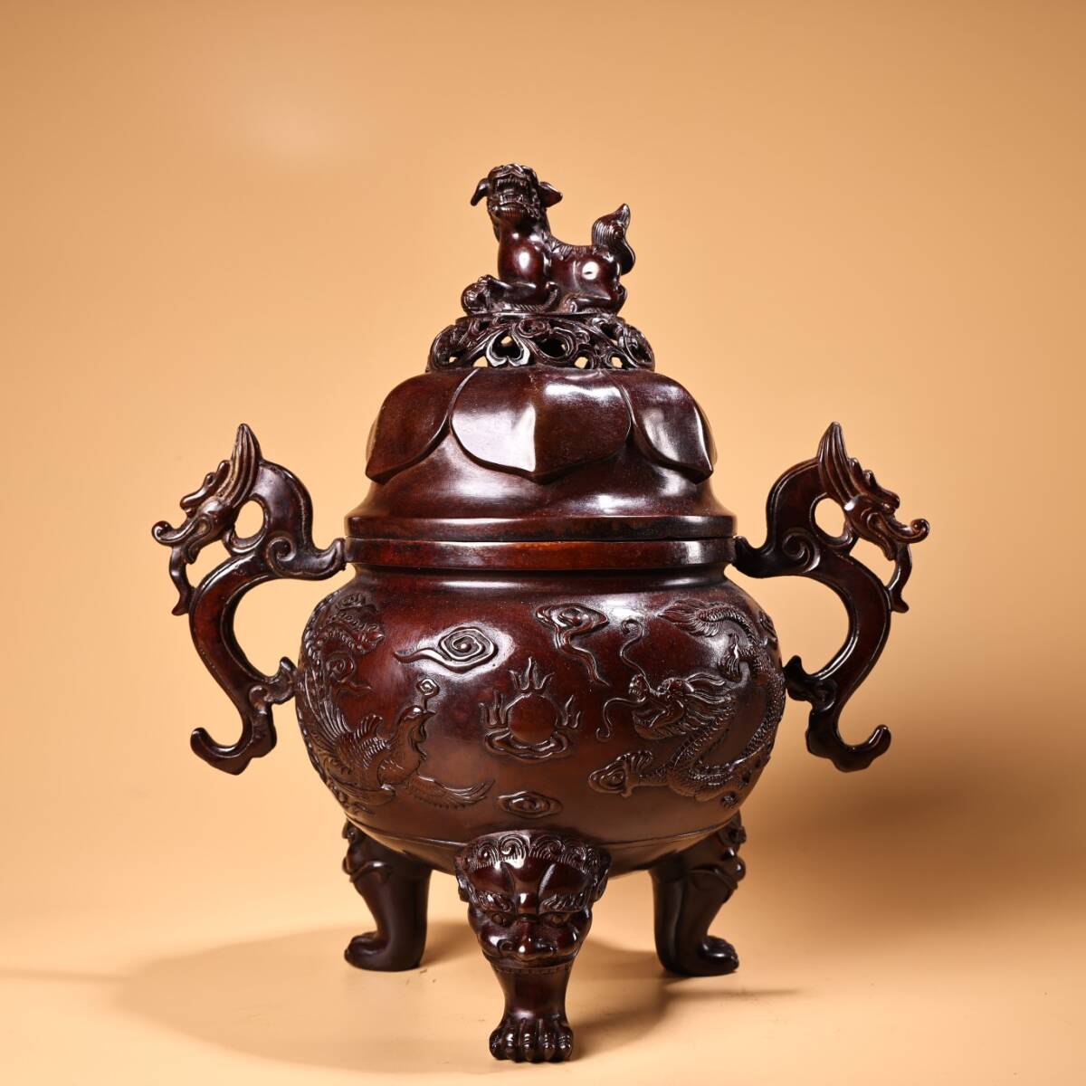 旧蔵 清 乾隆年製 純銅 高浮彫鏨刻 熏香爐 香道具 銅製 銅器 極細工 中国古玩 骨董品 古美味 208拍卖
