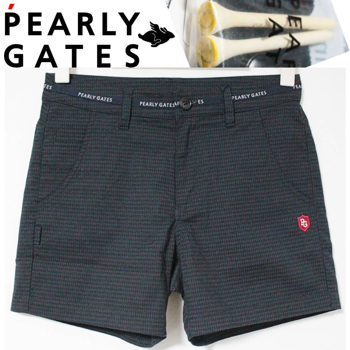 新品 パーリーゲイツ スマイルロゴ「ゴルフティー」付 冷感ストレッチ ショートパンツ S以上(ウエスト72-74)黒 K4993拍卖