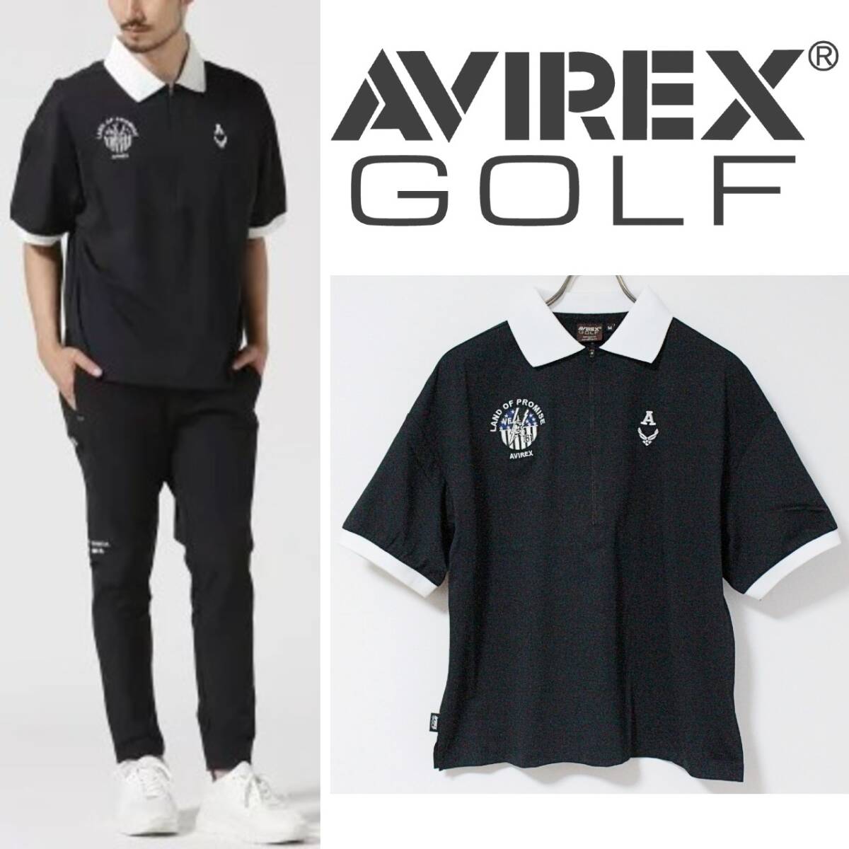 新品 アヴィレックス ゴルフ ワッペン刺しゅう ハーフジップ ポロシャツ Mサイズ 黒 K5495拍卖