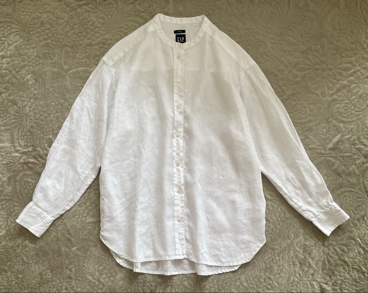 GAP リネン100% シャツ バンドカラー 肩落ち ゆったり 麻 白 長袖 ブラウス オーバーサイズ XXS ギャップ拍卖