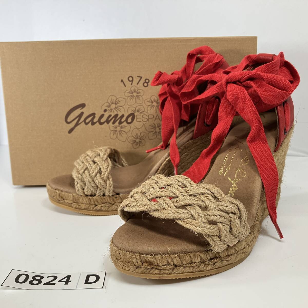 志)【未使用】gaimo/ガイモ エスパドリーユ ウエッジソールサンダル レースアップ サイズ35 ベージュ×レッド 編み込み スペイン製(I)0824D拍卖