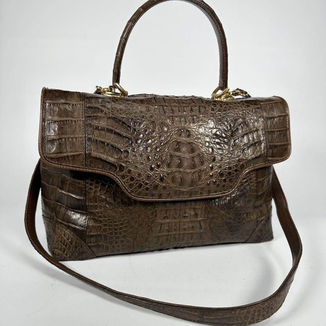 クロコダイル ワニ革 背ワニ エキゾチックレザー 2way ハンドバッグ ショルダーバッグ トートバッグ ブラウン拍卖