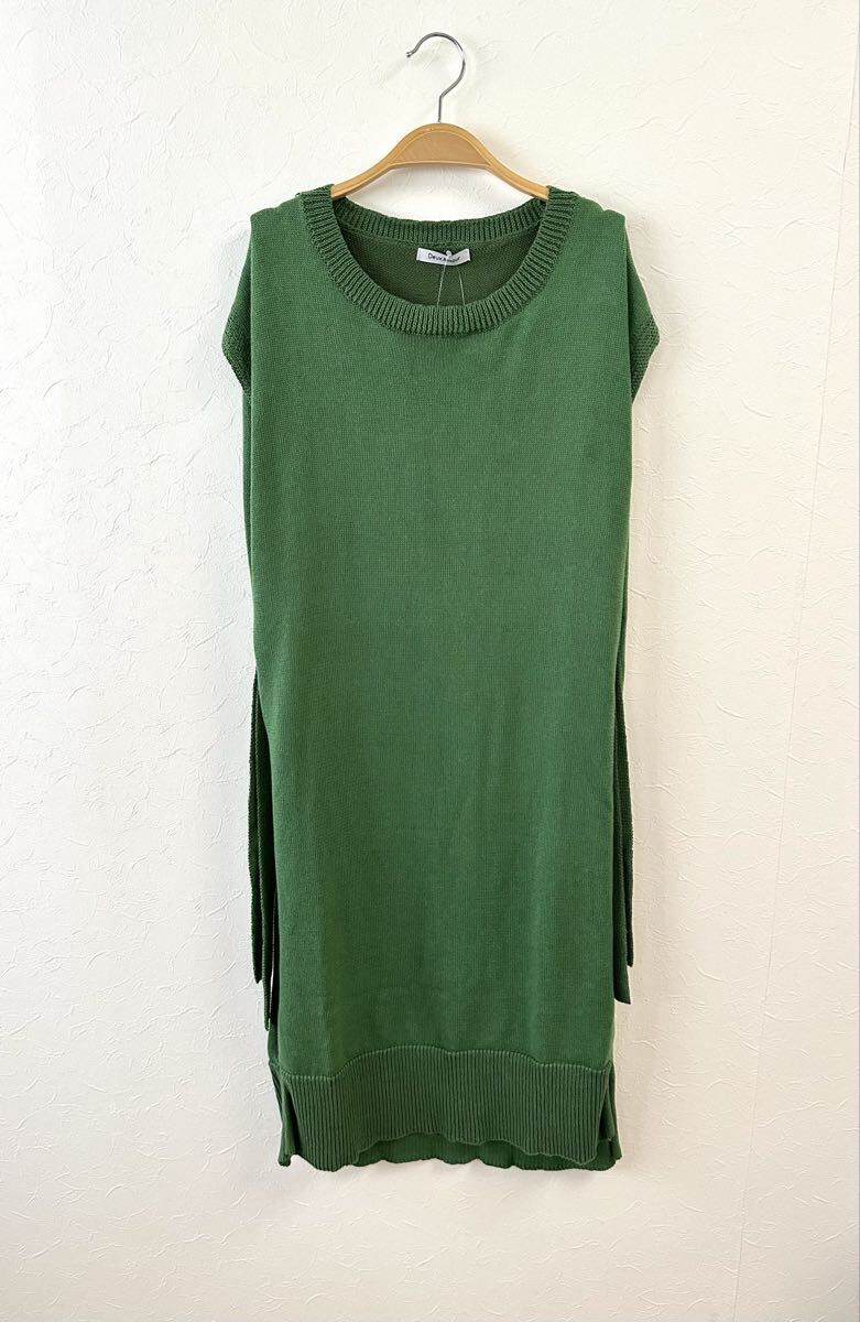 タグ付き 未使用 レイヤードスタイルに サイドリボン ニットロング丈 ジレ ロングベスト グリーン拍卖