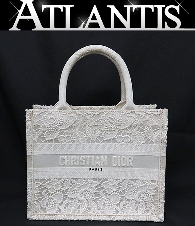 【広尾店】 ディオール Dior ブックトート スモール ハンドバッグ 白 マクラメレース キャンバス 【16832】拍卖