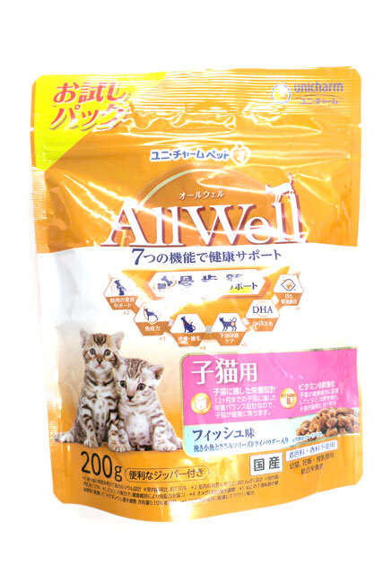ユニ・チャーム AllWell オールウェル 健康に育つ子猫用 フィッシュ味 お試しパック 200g拍卖