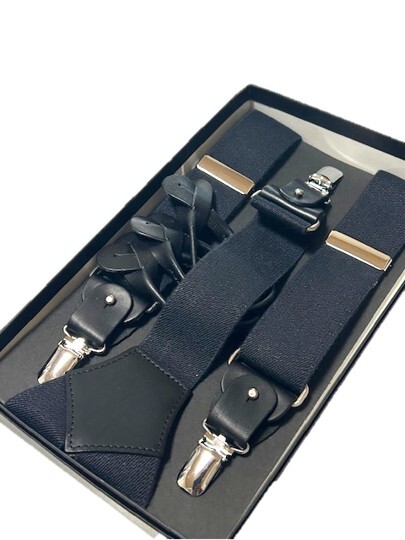 掘り出し物 2WAY クリップ・革足付き クリップ&本革タイプ 日本製×サスペンダー Y型 34mm ブラック×無地 専用ケースなし拍卖