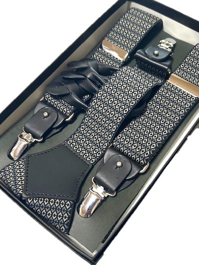 掘り出し物 2WAY クリップ・革足付き クリップ&本革タイプ 日本製×サスペンダー Y型 34mm 小柄×グレー&ネイビー 専用ケースなし 拍卖