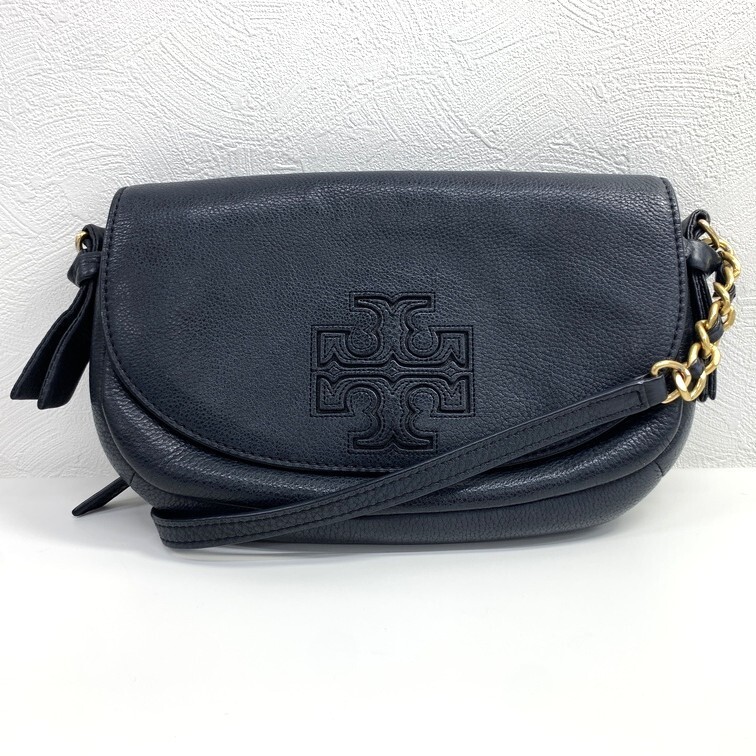 TORY BURCH トリバーチ チェーンショルダーバッグ ロゴ 型押し レザー シボ革【中古】 ブラック 黒×ゴールド ブランド カバン GIN53773拍卖