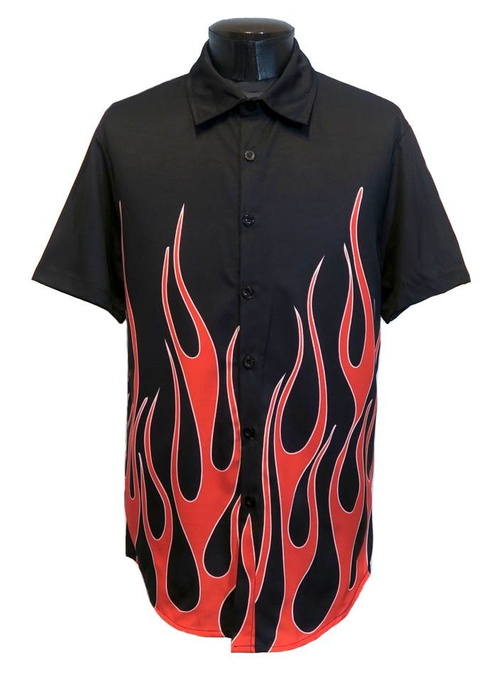 新品 Mサイズ ファイヤーパターン 炎柄 シャツ 半袖 黒 赤 888 ブラック レッド メンズ 柄シャツ パンク ロック ヴィジュアル系 バイカー拍卖