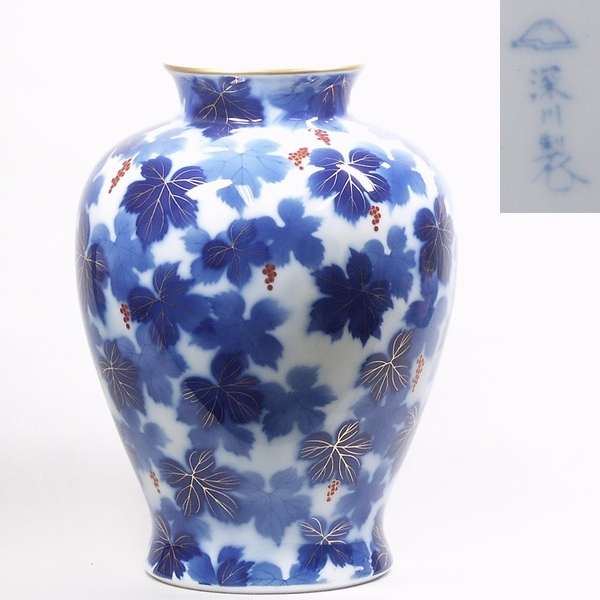 0828【深川製 染錦 葡萄図 花瓶 高31.5㎝】有田焼【送料無料】拍卖