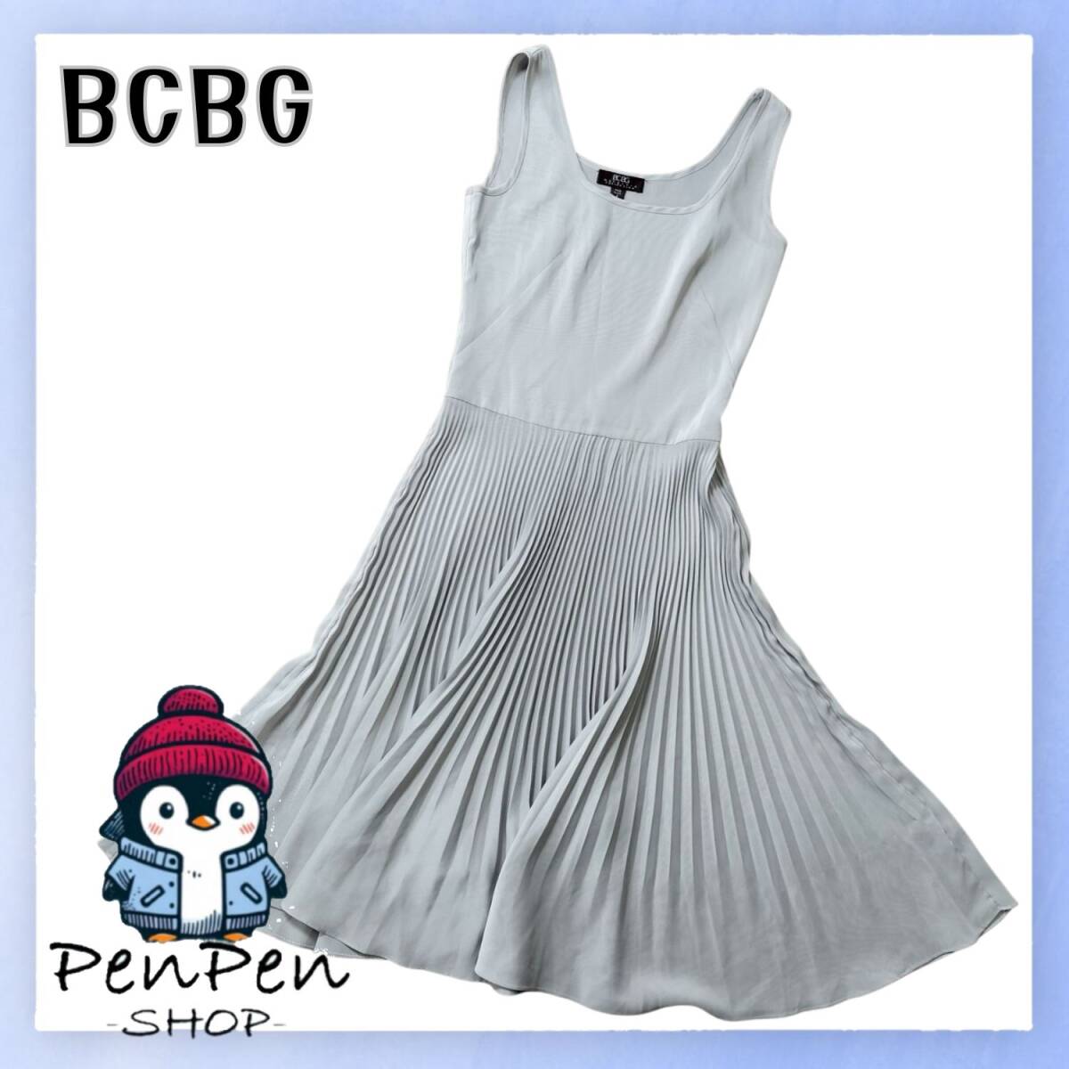 ストレッチ USA製 BCBG MAXAZRIA ビーシービージーマックスアズリア ノースリーブ ワンピース プリーツスカート ライトグレー Mサイズ拍卖