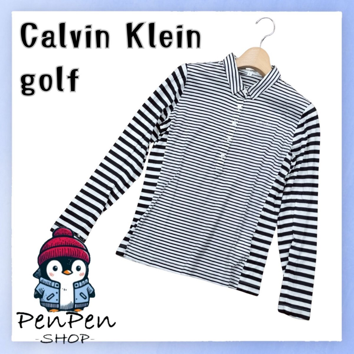 Calvin Klein golf カルバンクライン 長袖 ゴルフウェア トップス 襟付き Mサイズ M 白 黒 ブラック モノトーン ボーダー 長袖ポロシャツ 拍卖