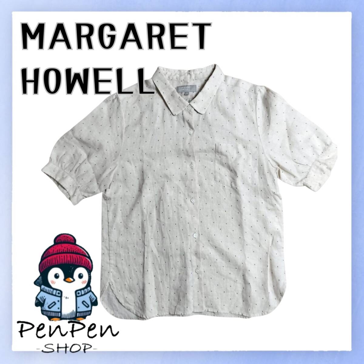 涼しげ 麻100% MARGARET HOWELL マーガレットハウエル 半袖シャツ ドット柄 ベージュ系 サイズI Sサイズ パフスリーブ ブラウス拍卖