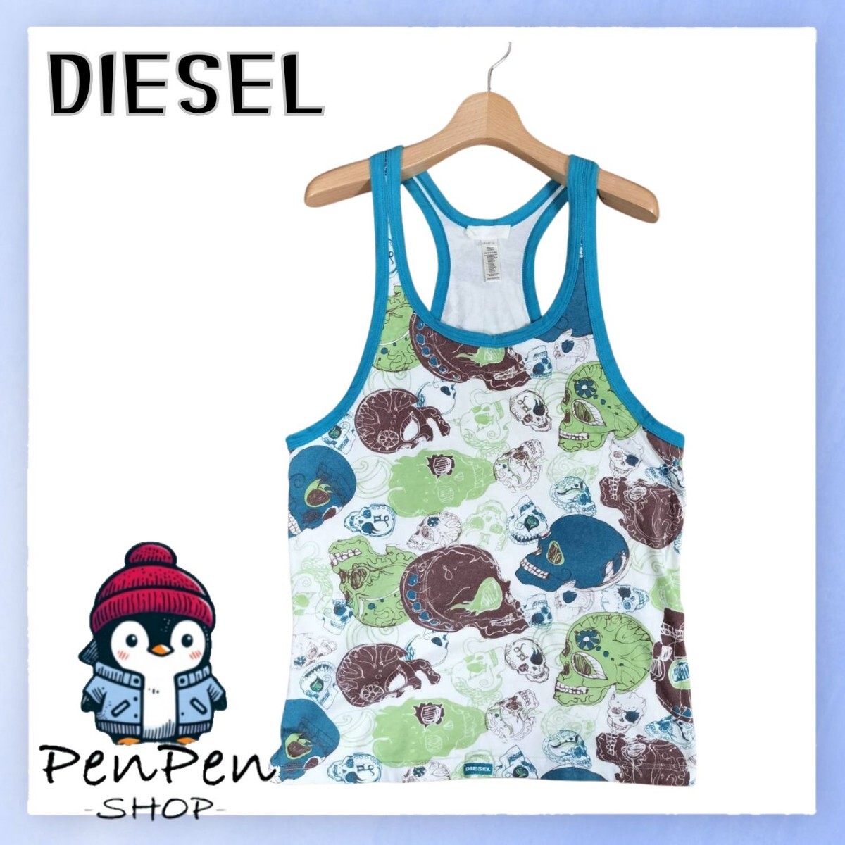 美品 DIESEL ディーゼル トップス タンクトップ ノースリーブ Lサイズ L スカル 総柄 骸骨 ガイコツ ドクロ ブルー グリーン拍卖