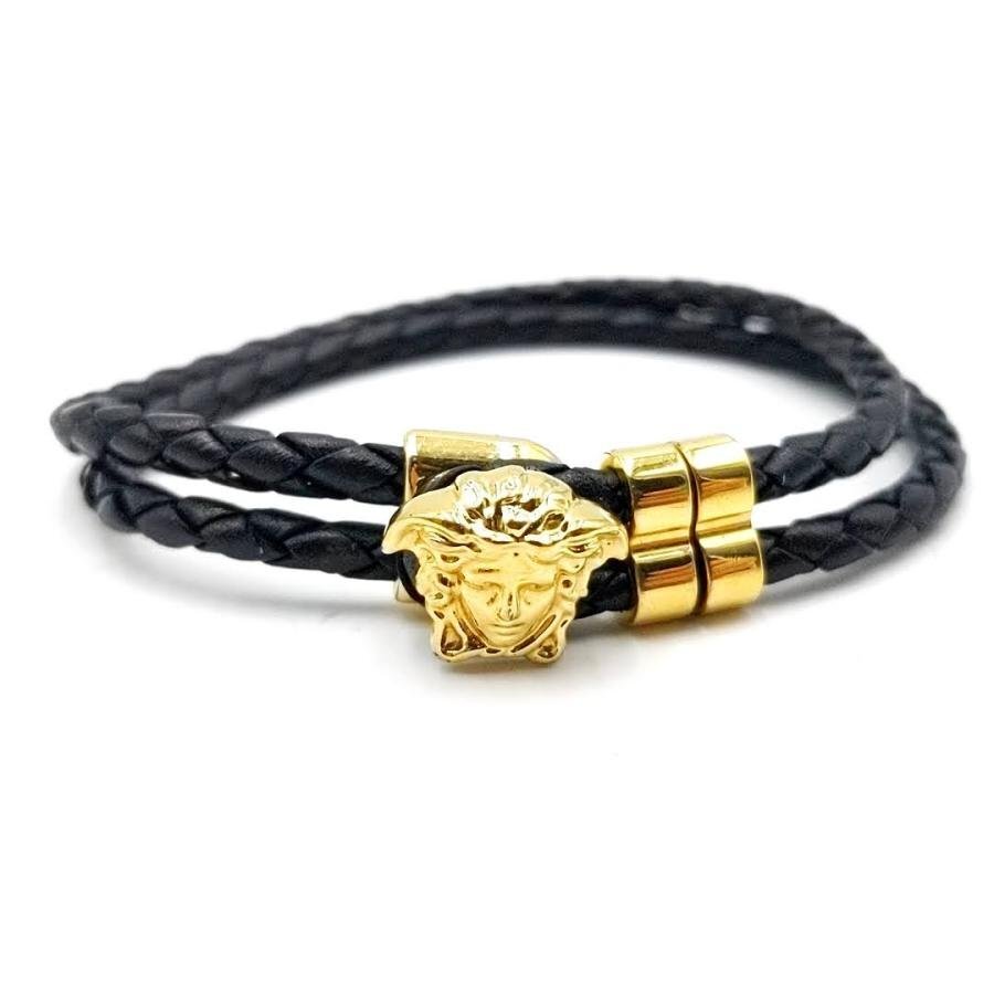 送料無料 美品 ヴェルサーチ VERSACE メデューサ ブレスレット アクセサリー レザー 編み込み 伊製 イタリア製 メンズ拍卖