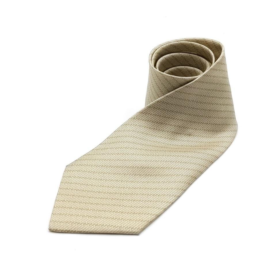 送料無料 美品 エルメス HERMES ネクタイ 斜めストライプ柄 絹 シルク100% 仏製 フランス製 ベージュ系 メンズ拍卖