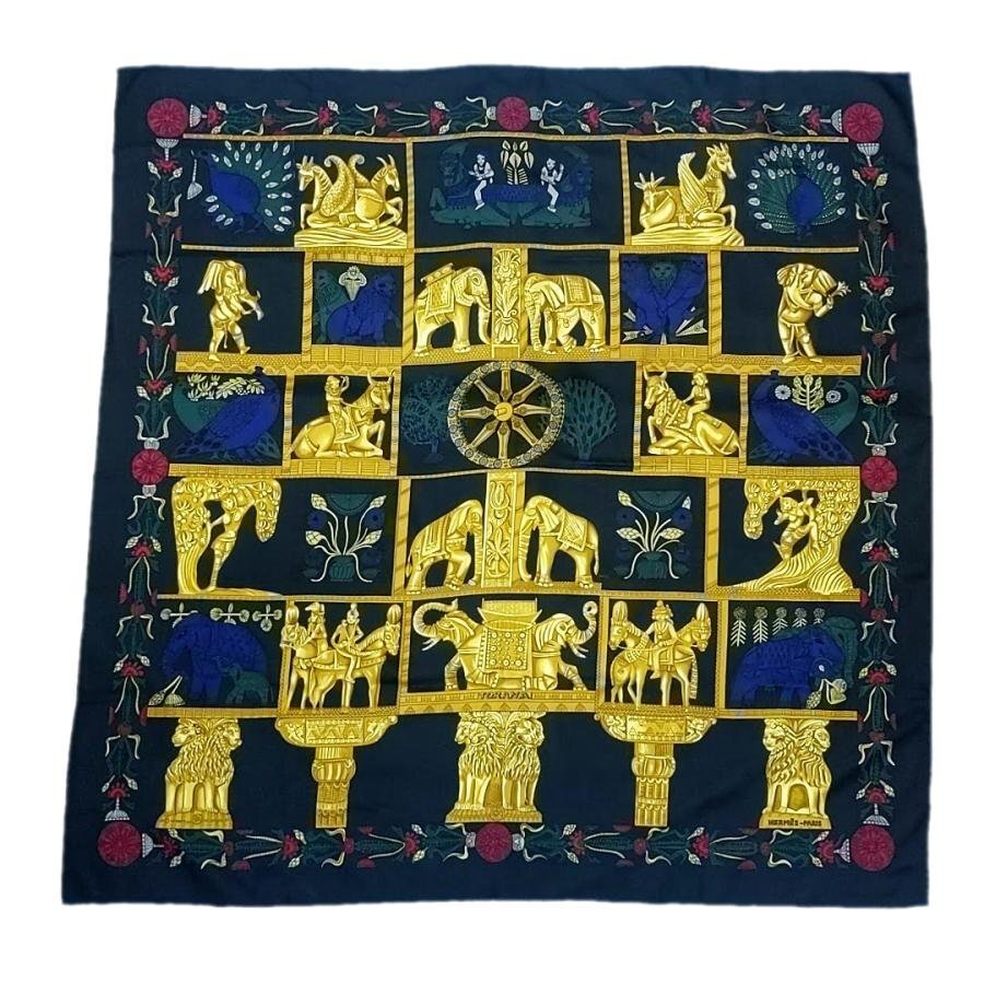 送料無料 美品 エルメス HERMES 大判スカーフ カレ90 TORANA 塔門 シルク100% 仏製 フランス製 レディース拍卖