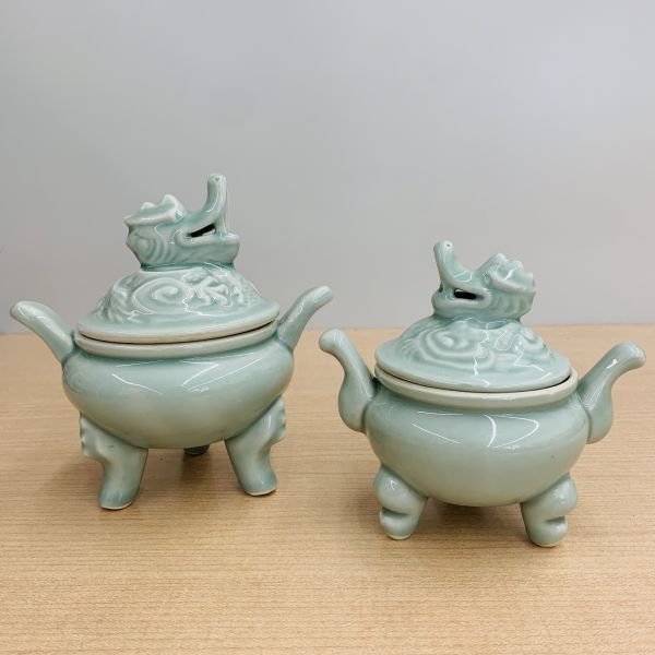 青磁 香炉 龍 2点セット インテリア雑貨※2400010553417拍卖