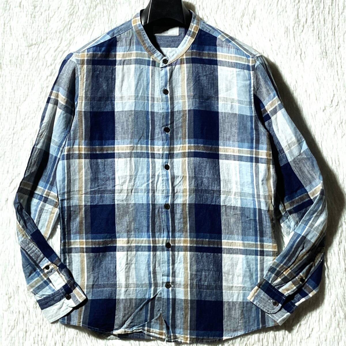 EDIFICE★上品トレンド★リネン混 バンドカラー 長袖チェックシャツ ノーカラー 青 M エディフィス 清涼リゾート拍卖