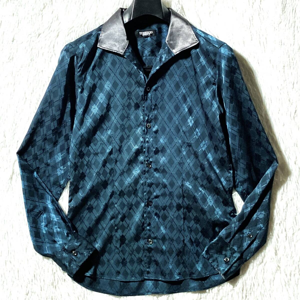 TORNADO MART★00s archive★光沢アーガイル ダイヤチェック オープンカラー長袖シャツ イタリアン 黒 M トルネードマート Y2Kヴィンテージ拍卖