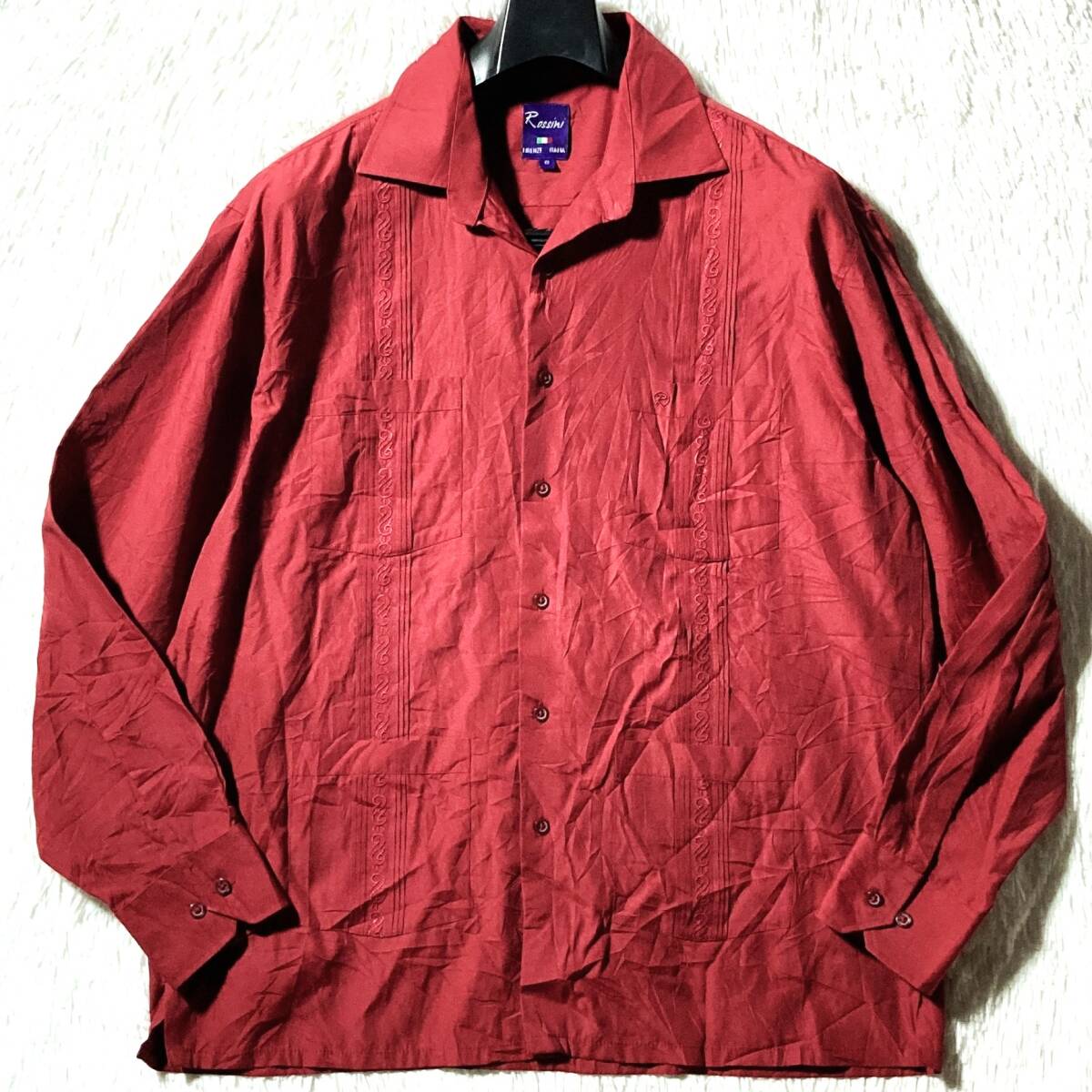 Rossini★本場メキシコ製★90s archive★希少エンジ★長袖キューバシャツ オープンカラー ビッグシルエット 赤 G リゾート Y2Kヴィンテージ拍卖