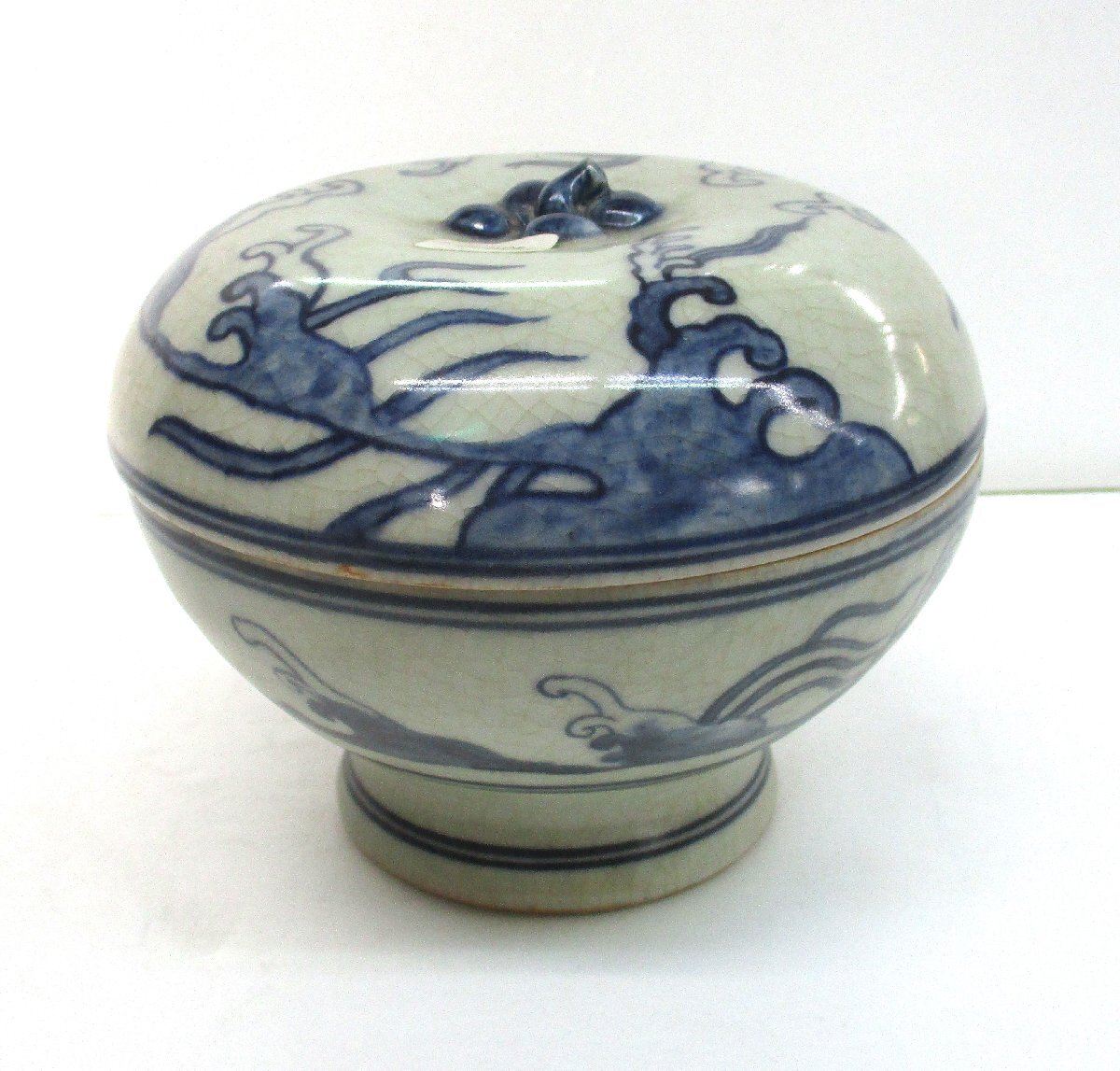 ★ 101252 香合 安南 染付 波絵 金継アリ 蓋焼キズ穴有 合子 直径15.2x高さ12㎝ 東南アジア 未使用 ★拍卖