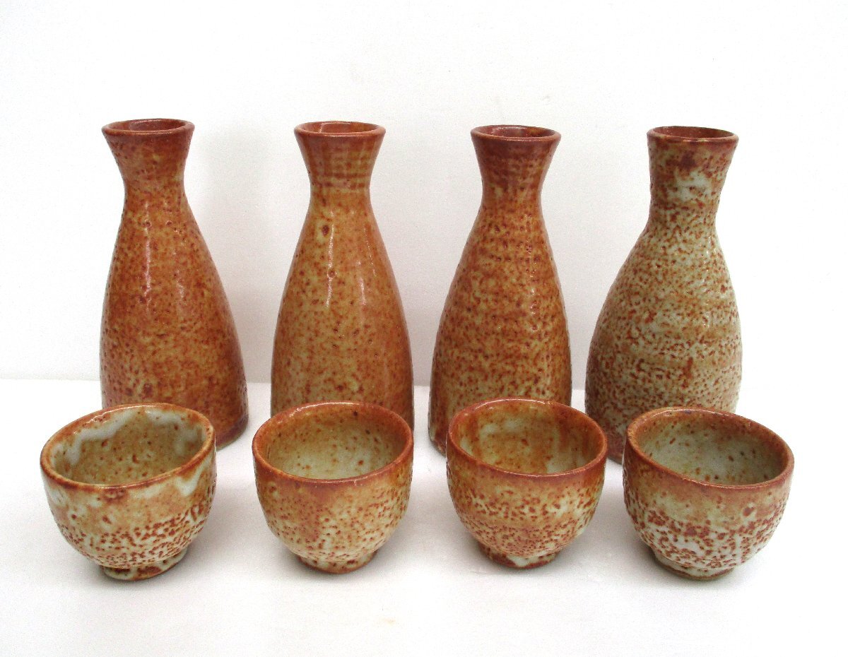志野焼 徳利&ぐい呑み 8点 1合徳利4本 φ6xH13cm ぐい呑み4個 φ5.3xH4.3 昭和レトロ 中古 101339 ★拍卖