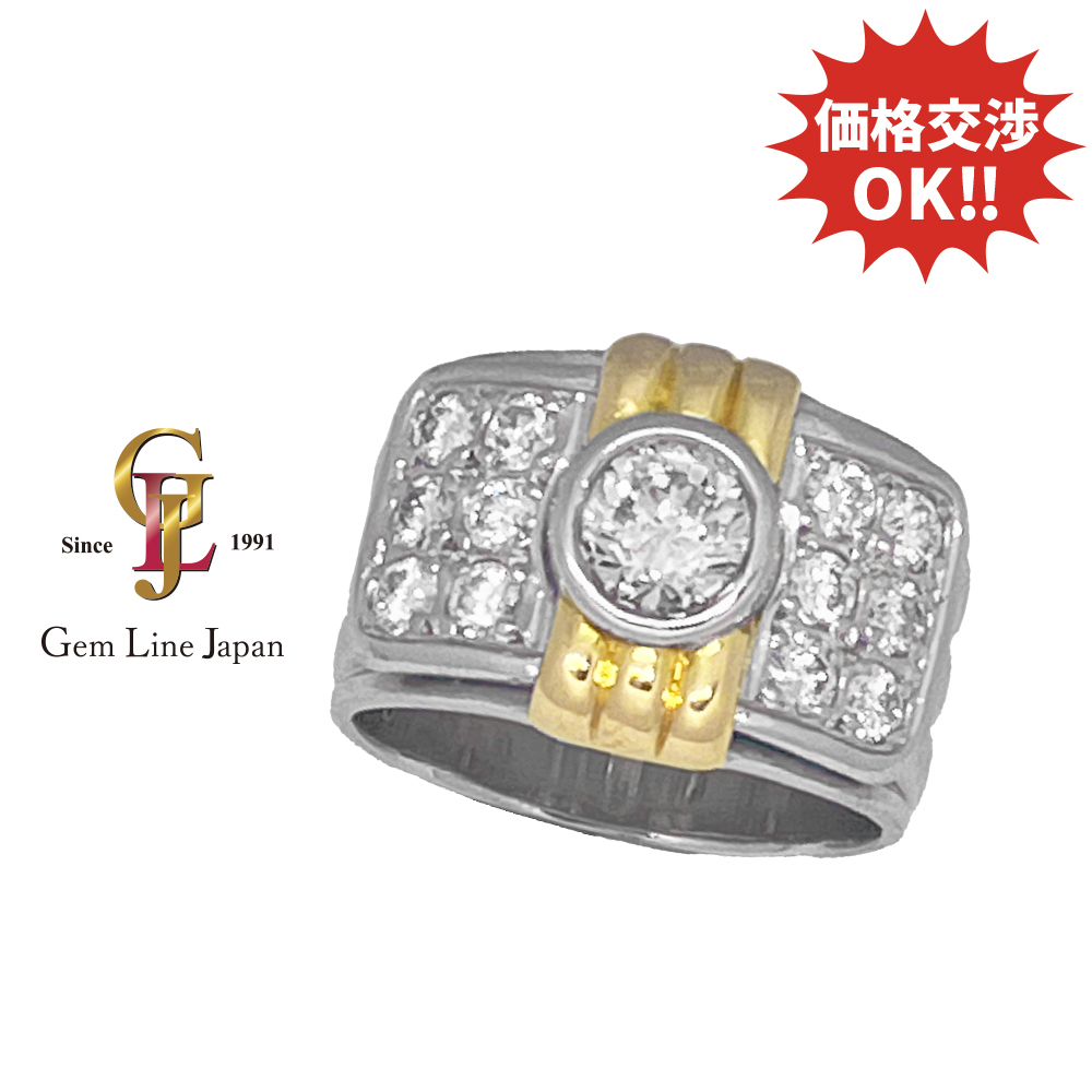 K18/Pt900 25.80g ダイヤモンド 1.061ct 脇ダイヤ 1.08ct コンビ メンズ リング拍卖