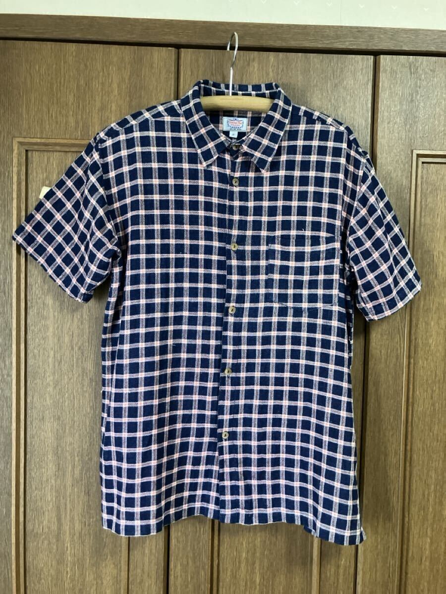 ガイジンメイド、手織り天然藍xレッドチェック半袖シャツ Mサイズ拍卖